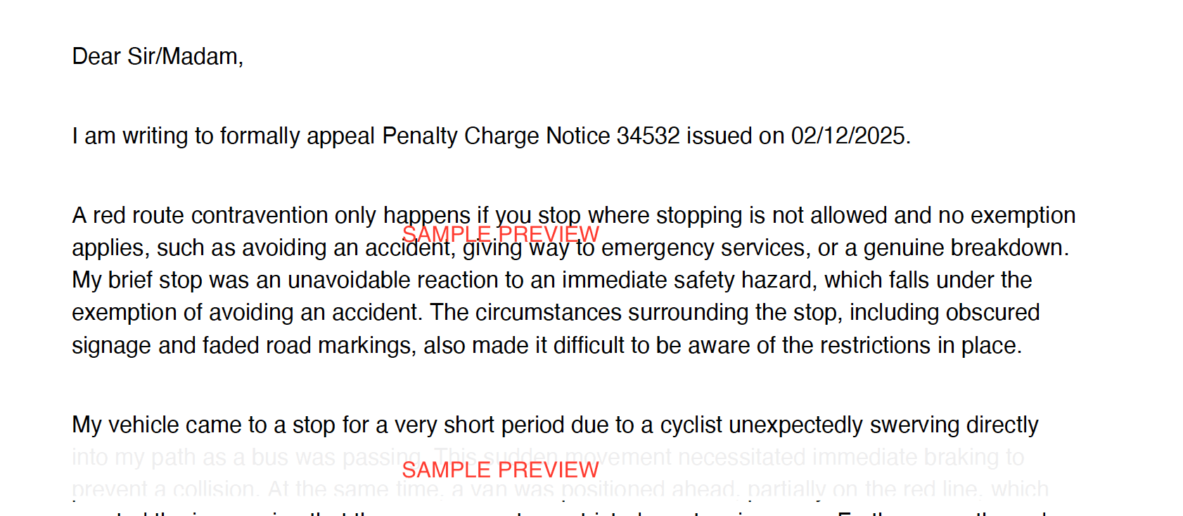 Sample UK PCN appeal letter showing structured reasoning for council ad TfL PCN appeals
